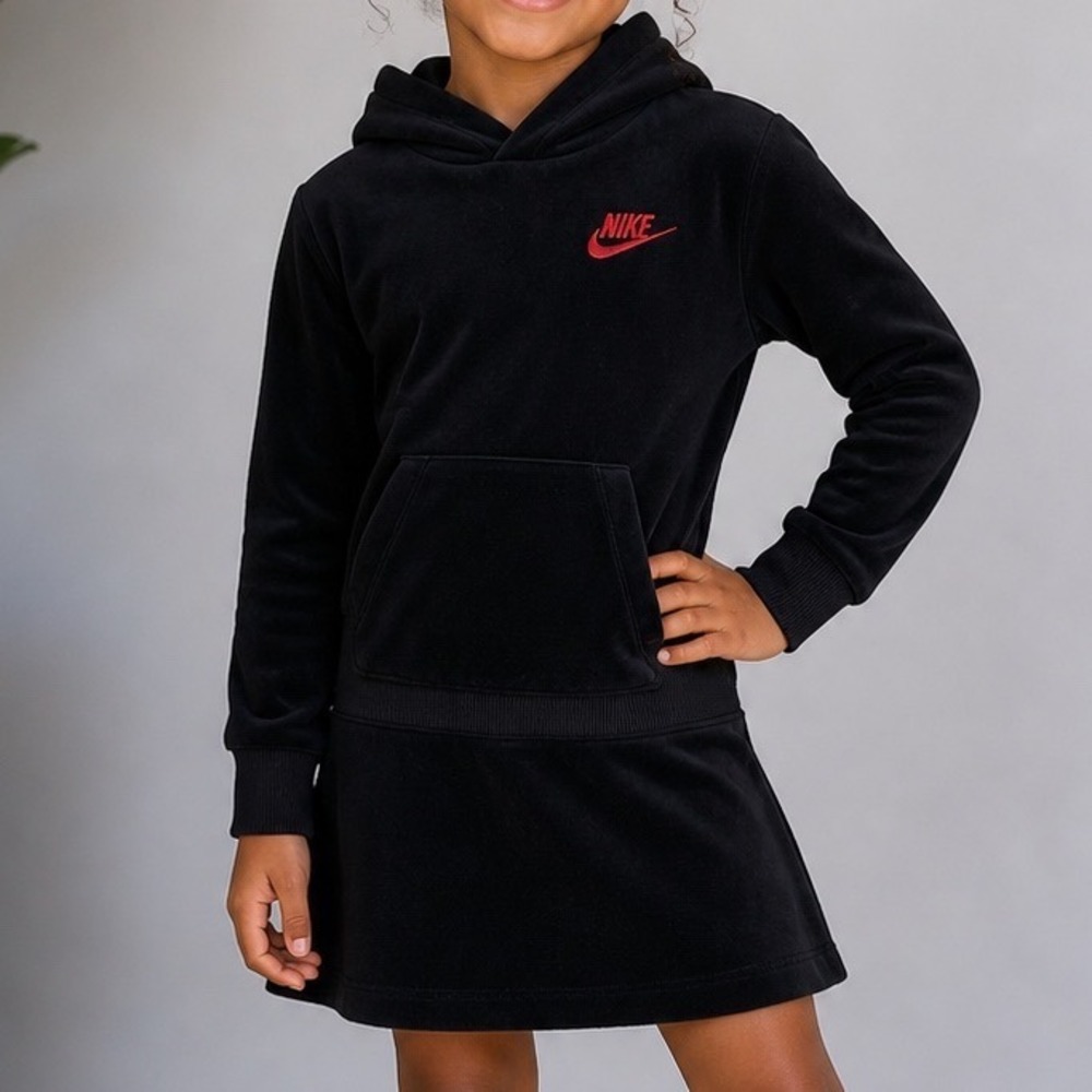 Nike Girls Black Velour Hoodie Dress Red Logo Long Sleeve 4T Sporty Athleisure